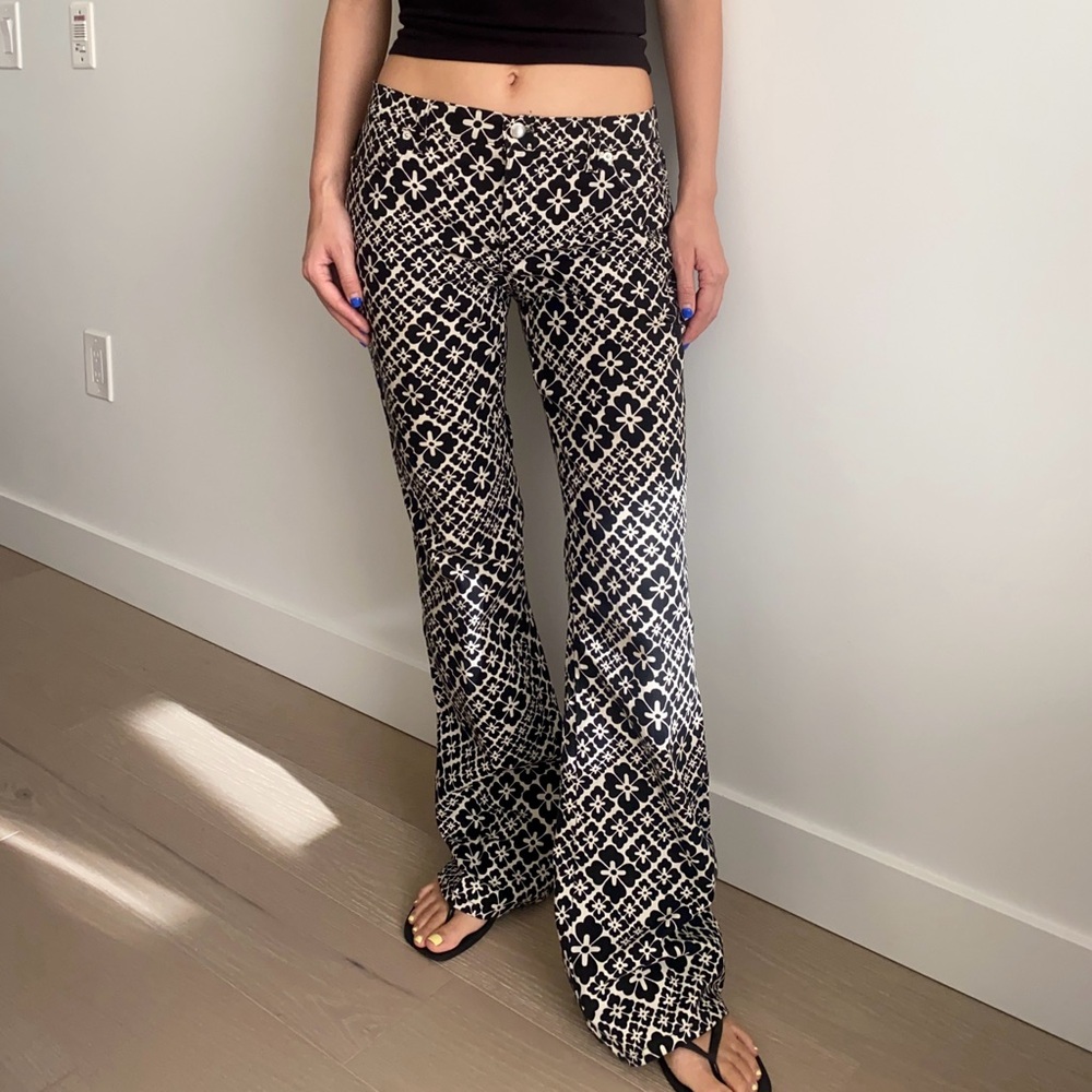 Vintage moschino jeans hippy florals low rise flare pant black white